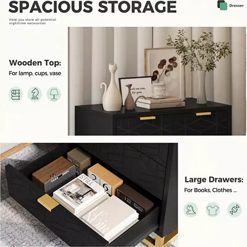 Dresser for Bedroom, 5-Drawer Black Dresser with Metal Legs, Modern Wide Storage Organizer for Living Room Entryway