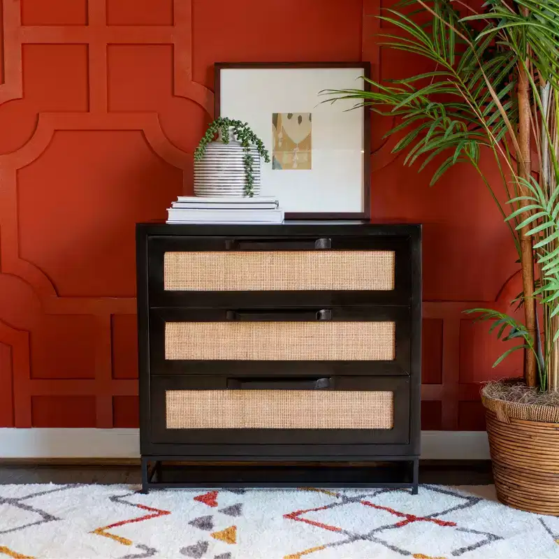Powell Gordon Solid Wood and Natural Cane Black Metal Legs 3 Drawer Cabinet Black: Modern Farmhouse Style, Mango Surface