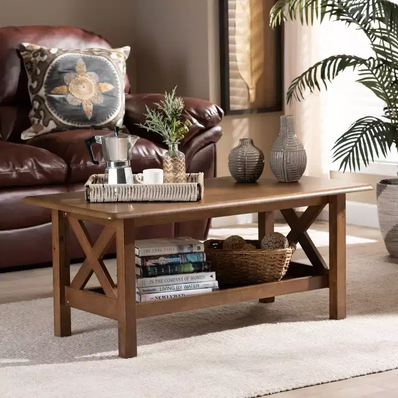 Rectangular Wood Coffee Table, Walnut Brown Finish with Lower Shelf and Crisscross Panels
