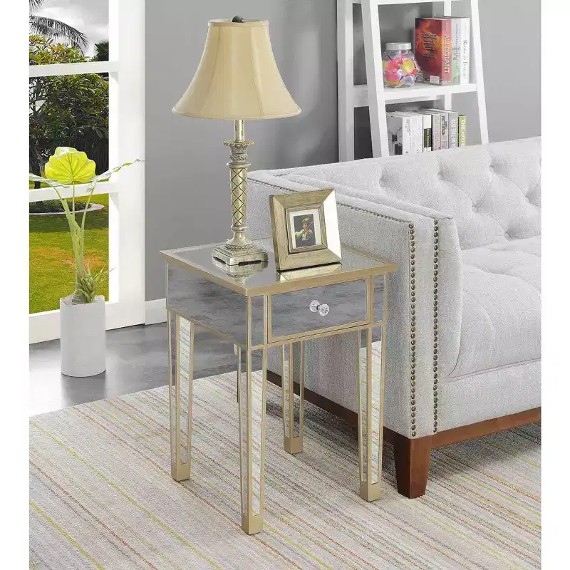 Belmont Mirrored End Table with Drawer and Faux Crystal Knob, Elegant Accent Table with Fir Wood Base and Concealed Storage