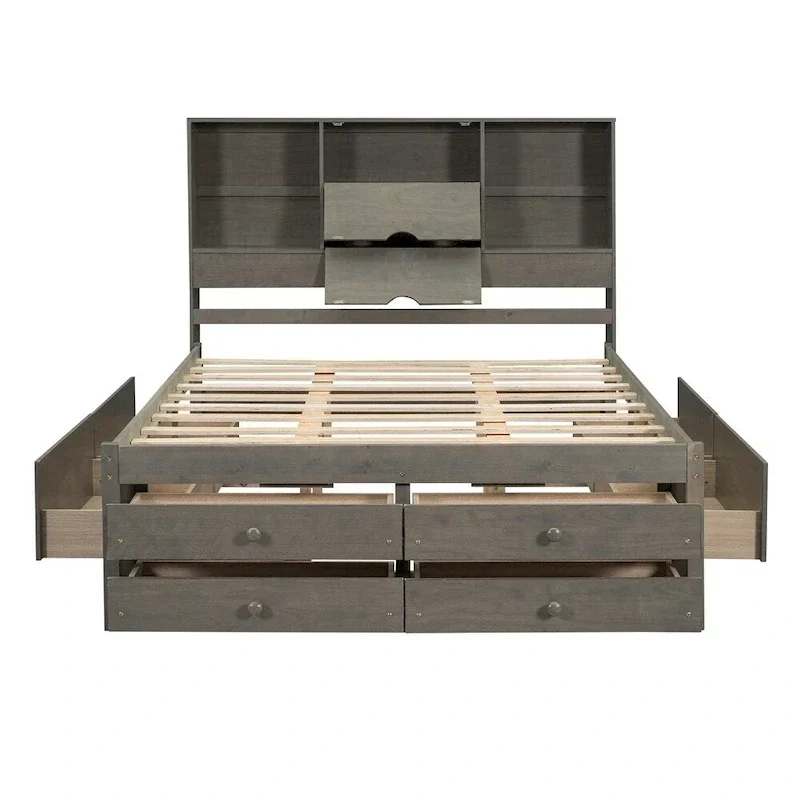 King Size Platform Bed with Storage Headboard and 8 Drawers