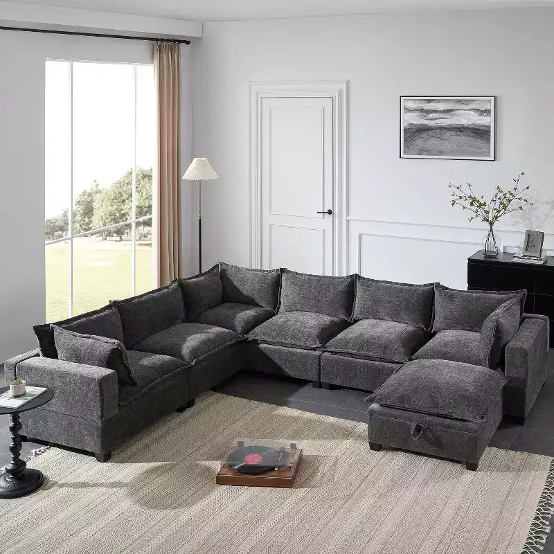 Whisen Modular Sectional Sofa with Movable Storage Ottoman, 7 Seat U Shaped Couch