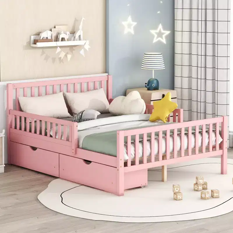 Full Wood Platform Bed with Guardrails and 2 Storage Drawers, Pink