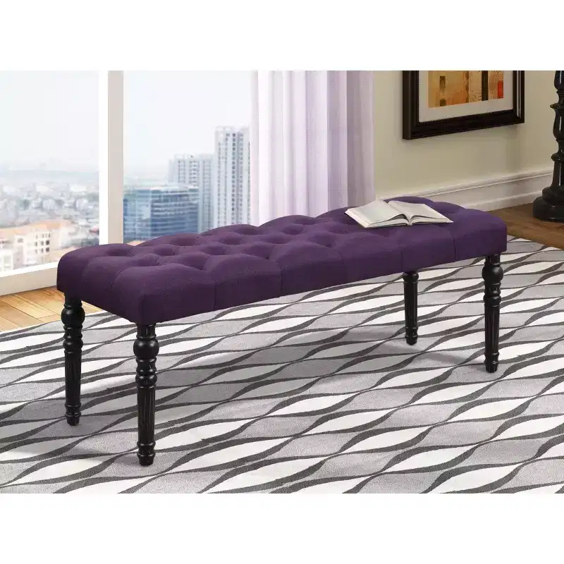 Fabric Tufted Dining Bench with Turned Legs, Solid Wood Frame, Purple, 48