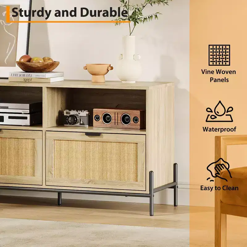 TV cabinet for entertainment centres with storage functionality Rattan multimedia cabinet featuring two doors Wooden stand for the living room