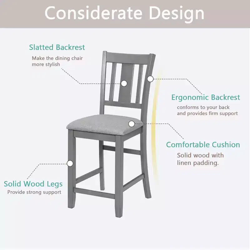 Dining Chairs Set of 4, Wooden Kitchen Dining Chair with Padded Seat and Slatted Backrest, 4 Piece Farmhouse Upholstered Barstool