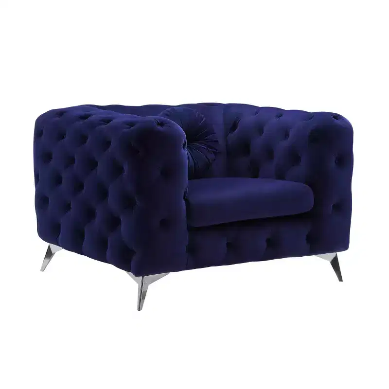 Tufted Velvet Accent Chair with Arms, Wood Frame & Metal Legs, Glossy Finish
