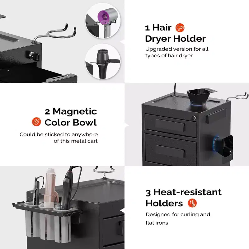 Metal Rolling Salon Trolley Cart with 2 Lockable Drawers