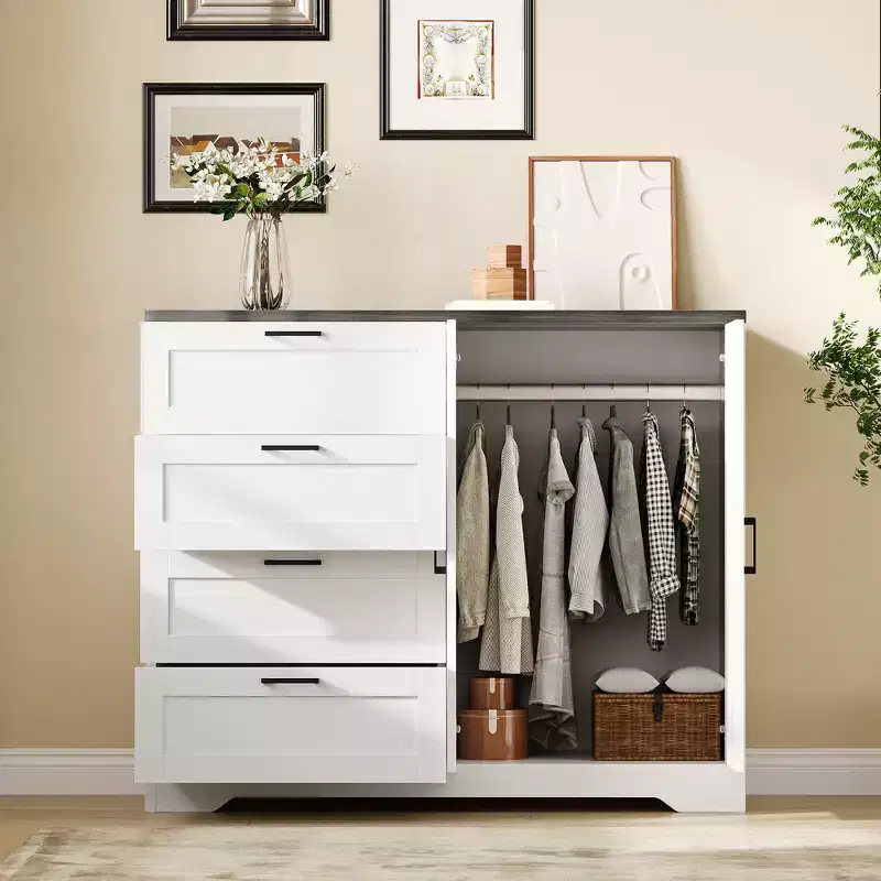 Wooden Dresser with 4 Drawers and Hanging Rod for Bedroom, 43.3'' H 2 Door Wardrobe Closet, Low Storage Cabinet for Hanging Cloth