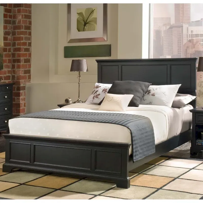 Queen Bed Frame in Black Finish, Hardwood and Engineered Wood, Box Spring Required