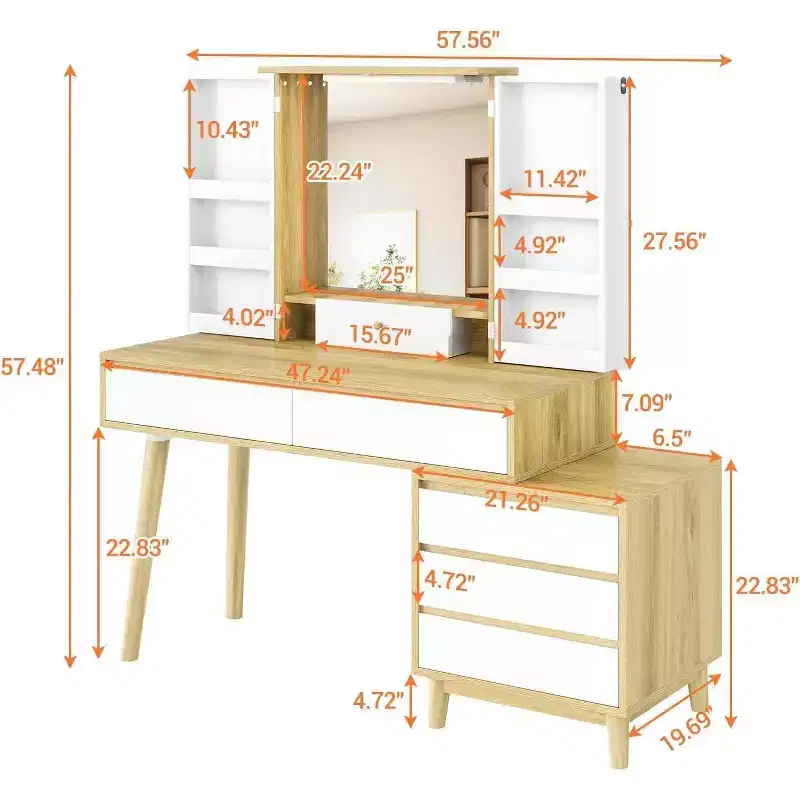 Makeup Vanity Dressing Table with Mirror, Vanity Desk 3 Color Lighting Modes and 6 Storage Drawers, Brightness Adjustable Vanity Desk for Bedroom