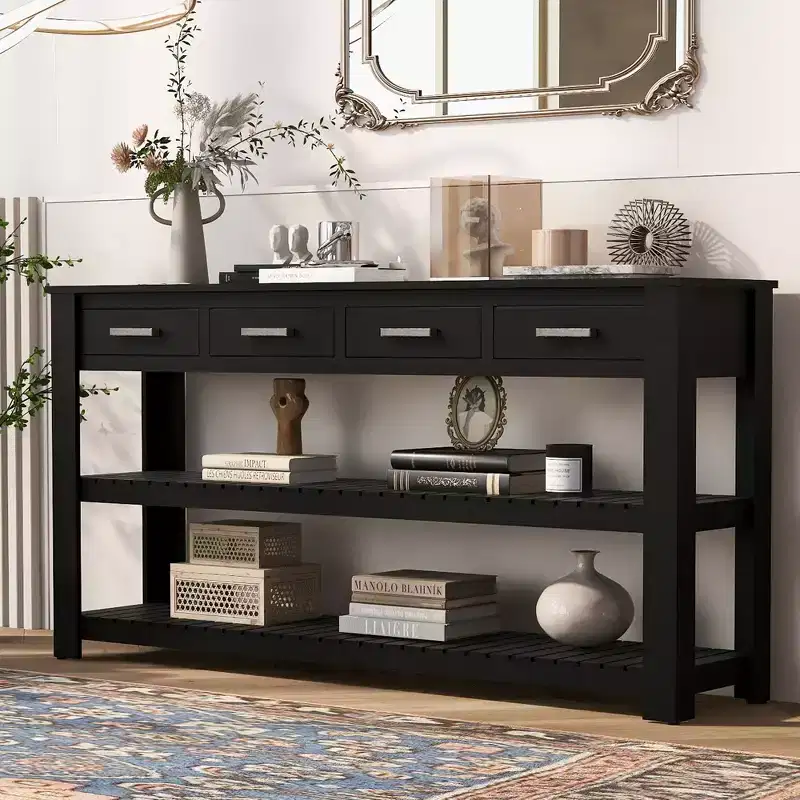 Modern Wood Console Table with Drawers and Shelves, Minimalist Entryway Table with Storage for Entryways and Living Rooms