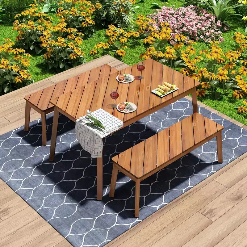 MAYEERTY Dining Set 3 Piece Acacia Table 2 Benches Indoor Outdoor Natural for Patio Garden