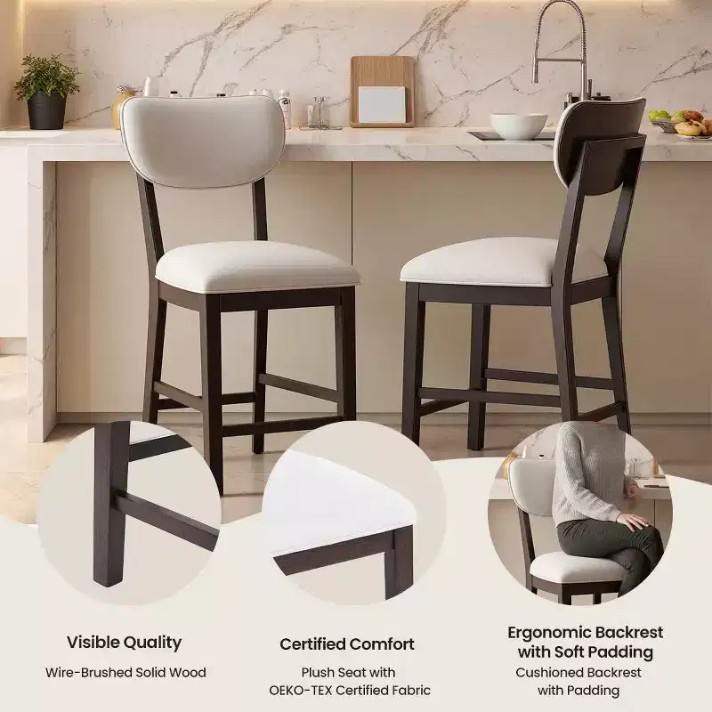Solid Wood Farmhouse Upholstered Counter Height Bar Stools with Curved Back