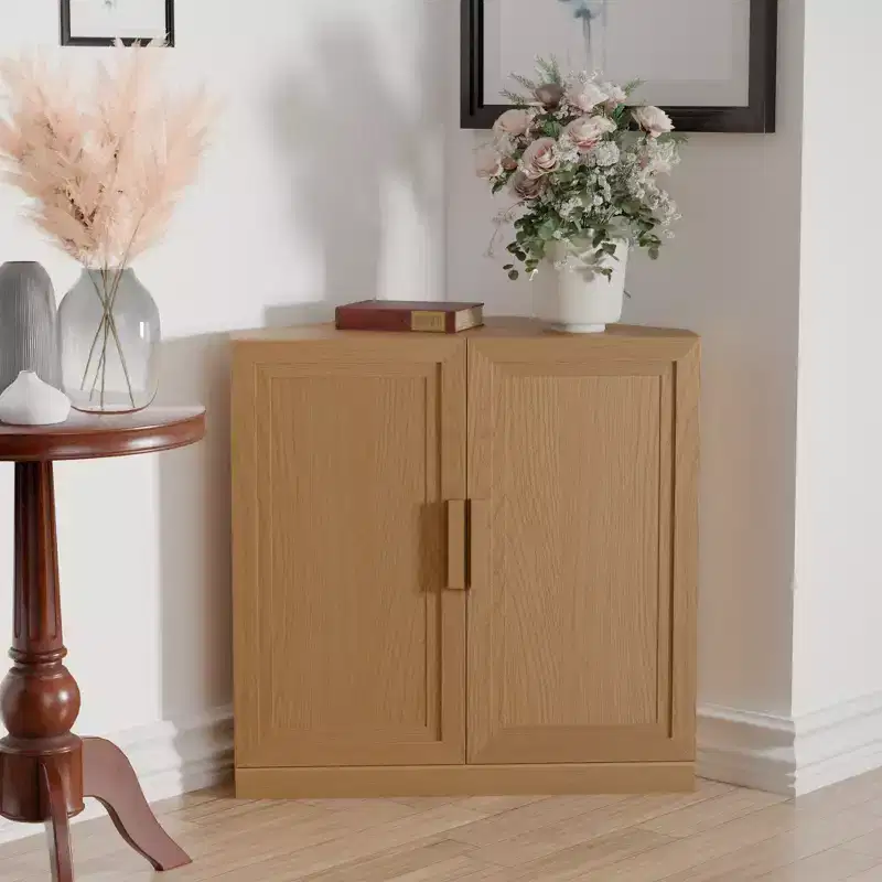 MAYEERTY Modern Solid Wood Double Doors Corner Storage Cabinet Efficient Storage for Home Cornei Libing Room Beige