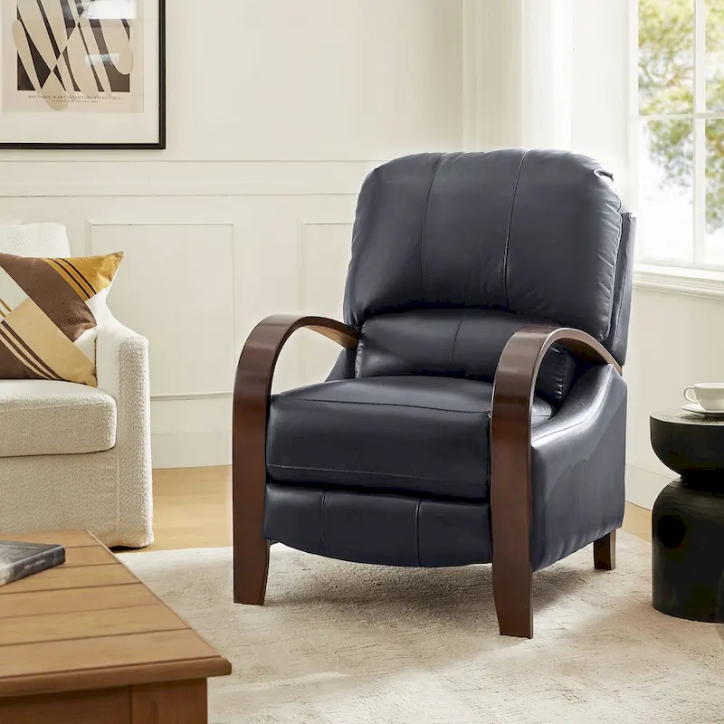 Alex Mid-century Modern Cigar Genuine Leather Manual Recliner with Wooden Curved Arms