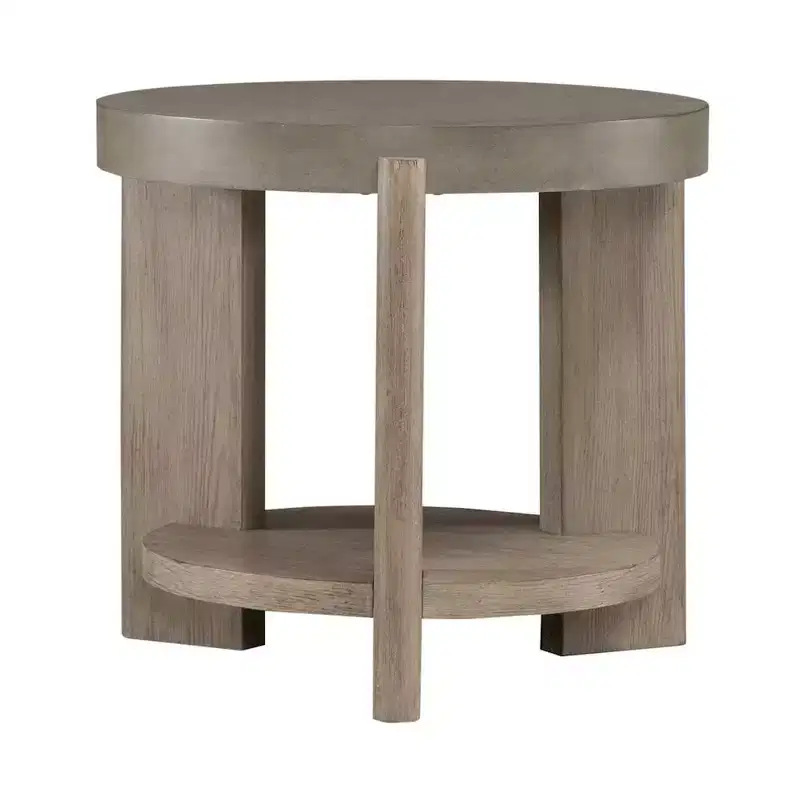 Round End Table for Living Room, Faux Concrete Top, Acacia Wood, Dusty Taupe