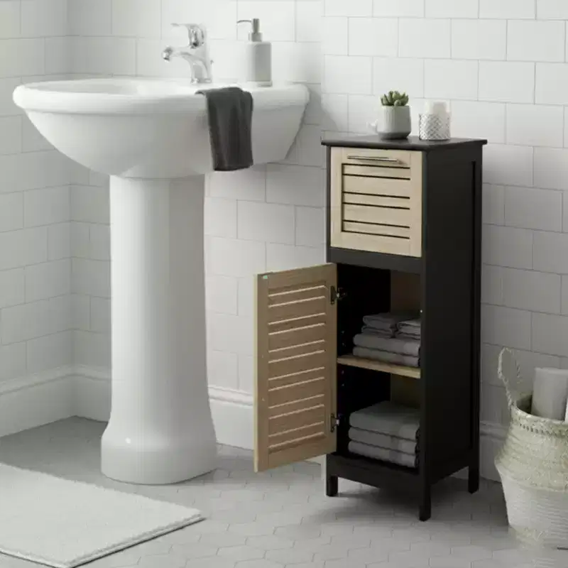 Compact Bathroom Storage Cabinet with Drawer and Vented Door, Black and Brown