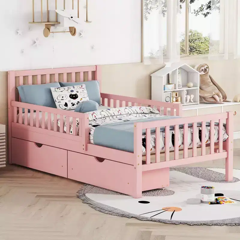 Wood Platform Bed with Guardrails for Kids, Wood Platform Bed Frame with 2 Storage Drawers