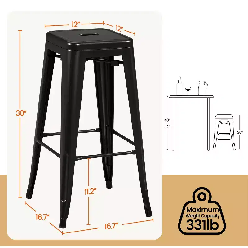 Yaheetech Set of 4 Metal Backless Counter Height Bar Stools Stackable Chairs