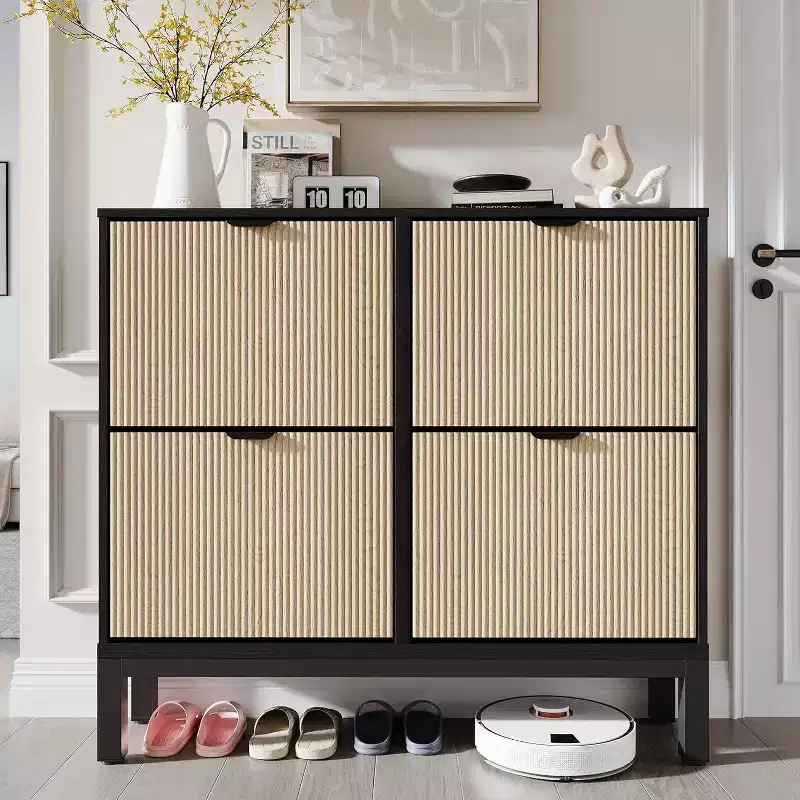 Shoe Cabinet Storage with 4 Flip Drawers, Adjustable Shelves & Metal Legs