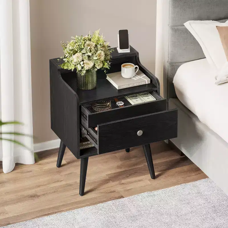Nightstands, Set of 2, Bedside Tables with Hidden Drawers, Mid-Century End Tables with Solid Wood Legs