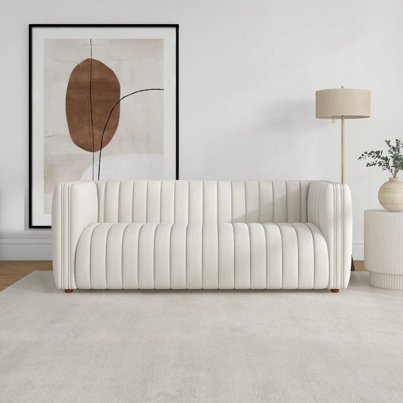 Rasam Mid Century Modern Luxury Tight Tufted Back French Boucle Couch in Cream