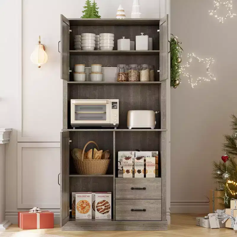 Kitchen Pantry Cabinet with Microwave Stand, Tall Storage Hutch with Drawers for Dining Room and Living Room