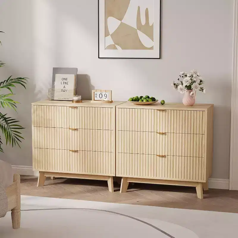 3 Drawer Dresser 2pcs, Mid Century Modern Dresser Drawers, Waveform Fluted Side Table, Wood Drawer Organizer for Bedroom Living Room, Hallway
