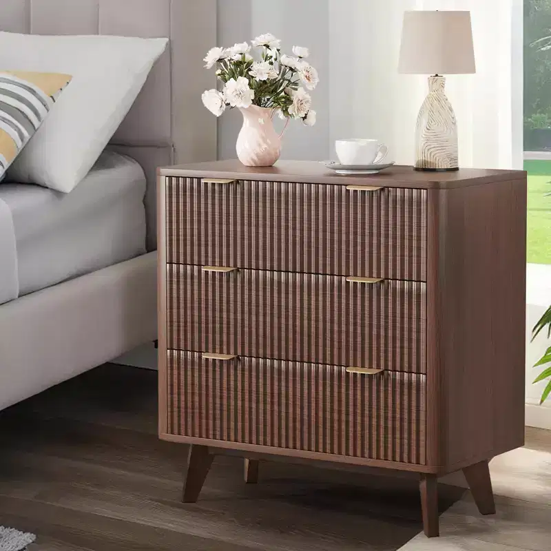 Modern Nightstand, Fluted Nightstand with Faux Marble Top, 3-Drawer Large Bedside Table, 32 Wide Curved Accent Nightstands