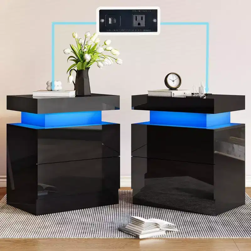 AMERLIFE High Gloss LED Nightstand Set of 2 with Charging Station