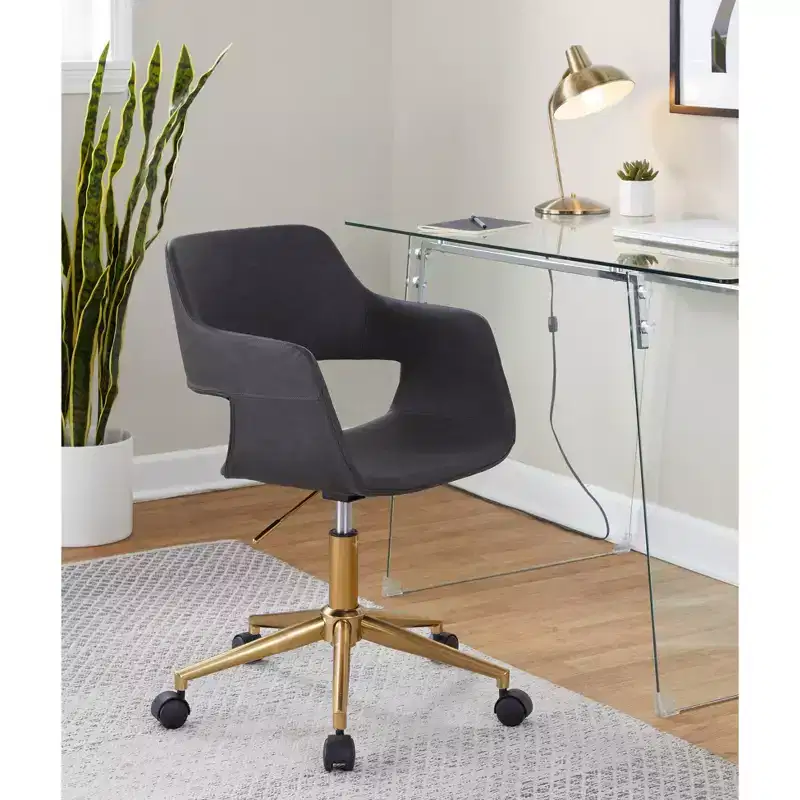 Adjustable Task Chair, Gold Metal Base, Gray PU Leather, Swivel, 250LBS Home Office