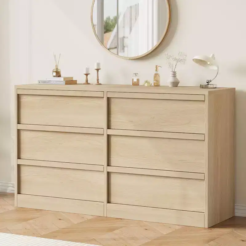 47-Inch Wide 6-Drawer Dresser in Natural Oak – Wooden Chest for Bedroom, Nursery & Entryway