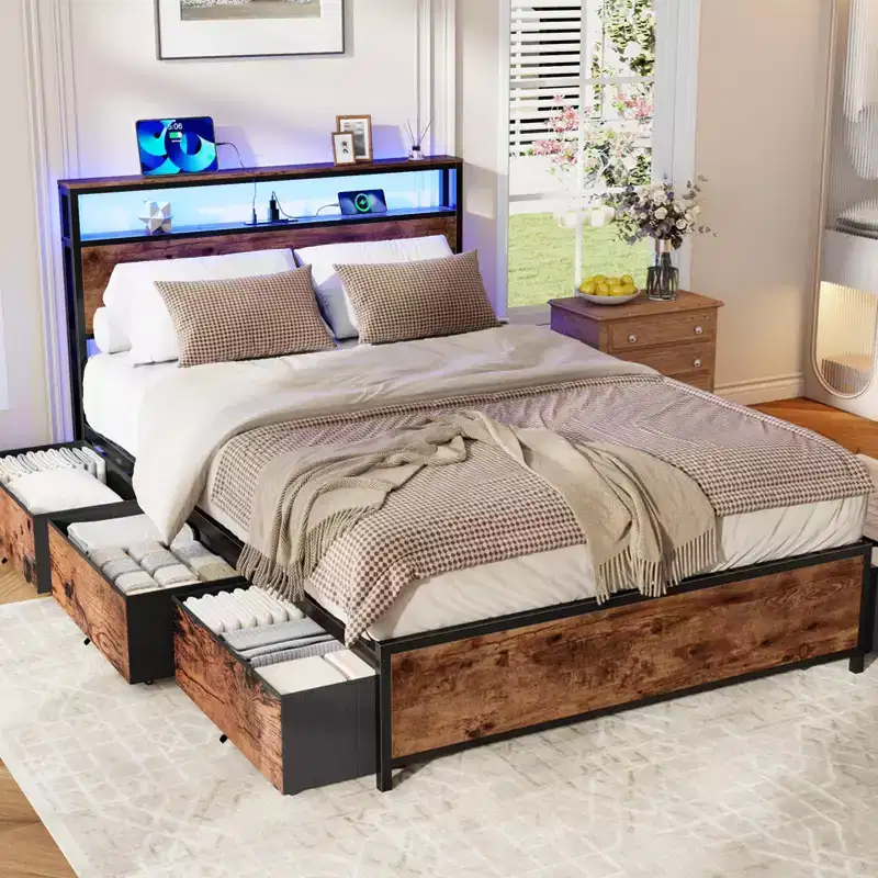 Full Size Platform Bed Frame with Storage Drawers, LED Lights, and Charging Headboard