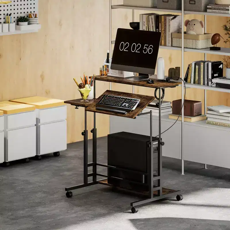 Adjustable Standing Desk with Power Outlets, Tiltable Tabletop, Wheels & Shelf