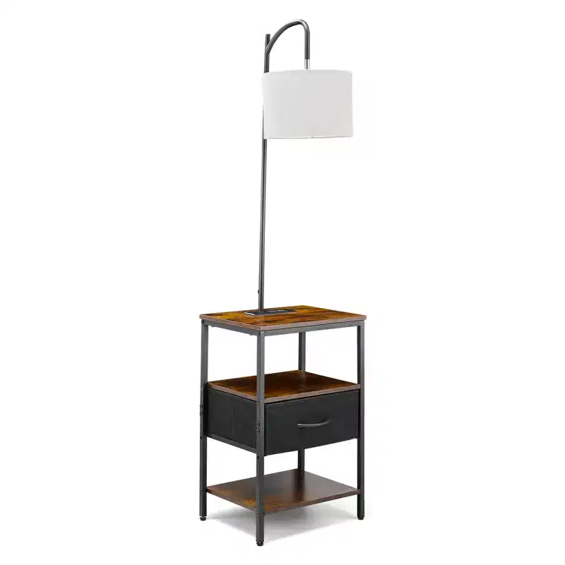 VEVOR Floor Lamp with Table, 3-Tier End Table with Drawer and 3 Color Temperature Lighting, Modern Side Nightstand Bedside Desk with USB,Brown & Black