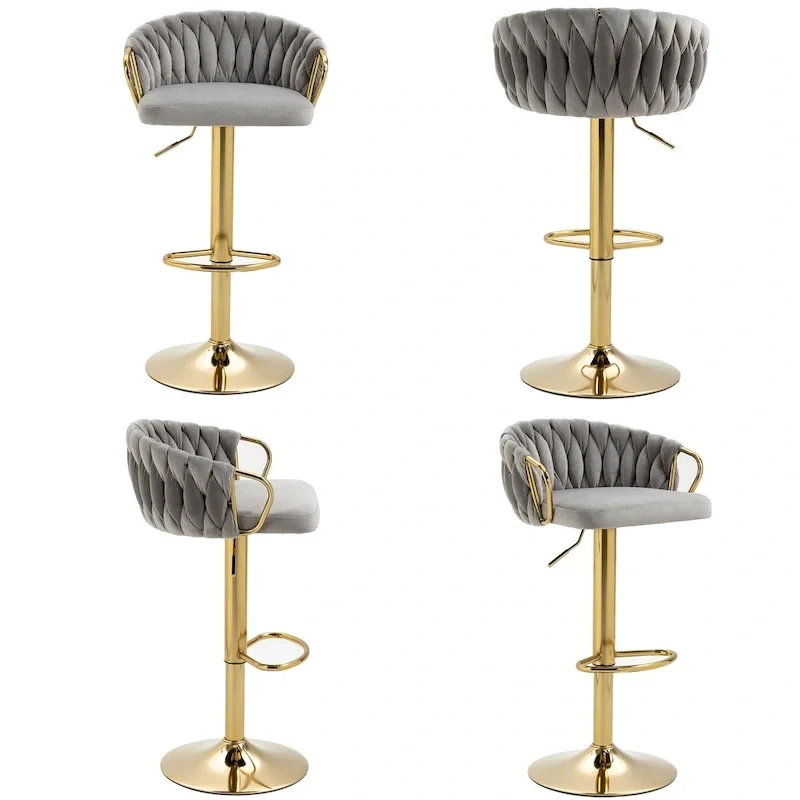 Set of 4 Bar Stool Adjustable Height Swivel Velvet Woven