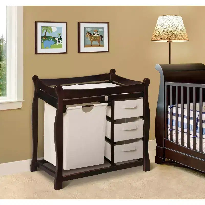 Badger Basket Sleigh Style Baby Changing Table with Hamper and 3 Baskets - Espresso