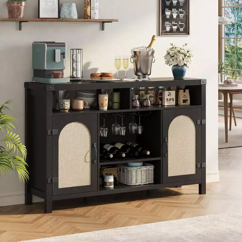 COZONY Farmhouse Bar Cabinet with Rattan Doors, Adjustable Shelf Storage Console for Living Room Dining Room Kitchen