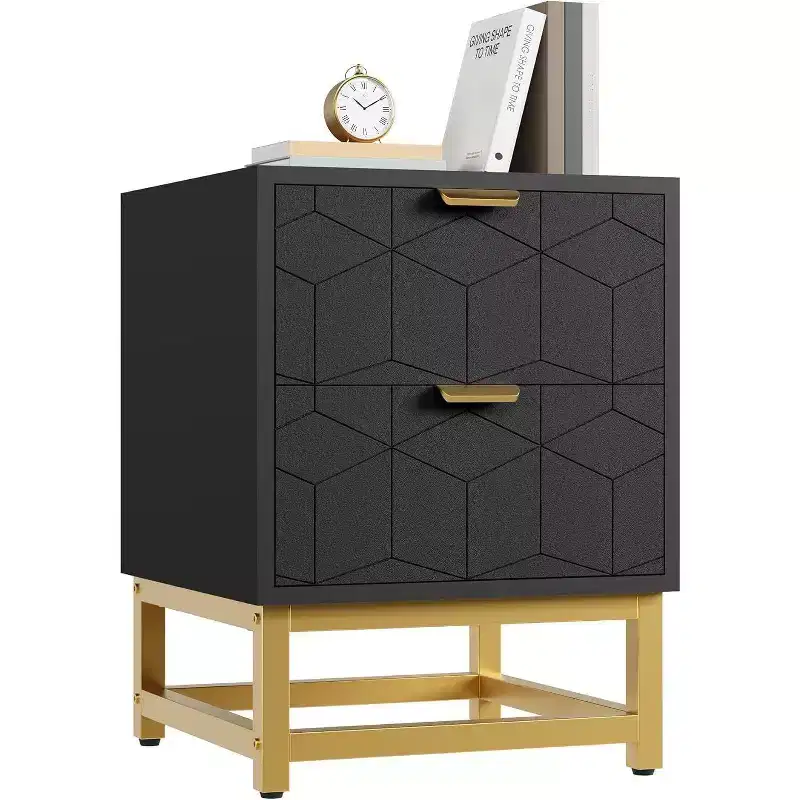 2 Drawer Nightstand, Modern Side Table with Gold Metal Legs, Bedside Table Storage for Bedroom, Hallway, or Entryway