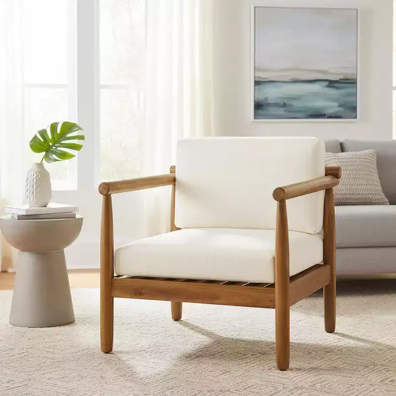 Homy Casa Acacia Wood Accent Lounge Chair with Cushioned Seat and Back, Natural