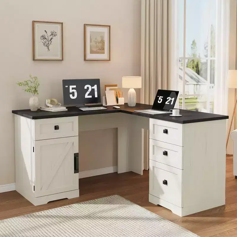 Farmhouse 60 Executive L Shaped Desk, with File Drawers and Storage Cabinet, Corner Computer Desk with Adjustable Side Storage Cabinet