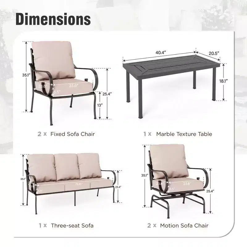 Captiva Designs 6pc Extra Large Metal Outdoor Patio Conversation Set with Rocking Pattern-back Chairs and Coffee Table