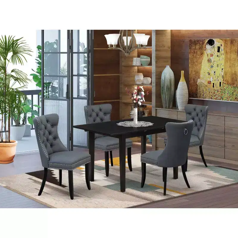 HomeStock Belmont 5 Piece Kitchen Set Consists of a Rectangle Dining Table with Butterfly Leaf and 4 Upholstered Chairs, Black