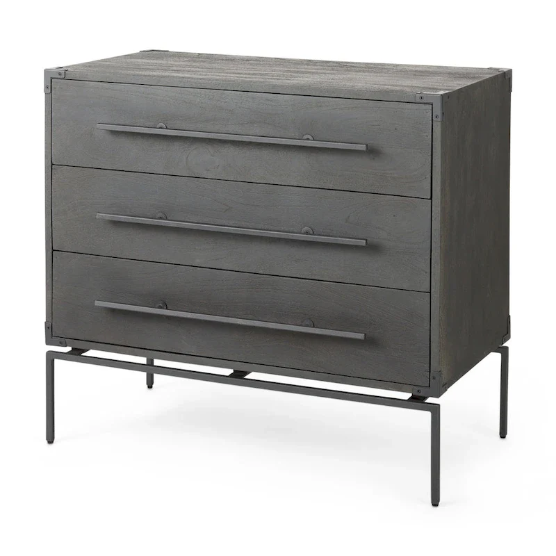 Dark Brown Indian Mango Wood 3-Drawer Accent Cabinet with Black Iron Base
