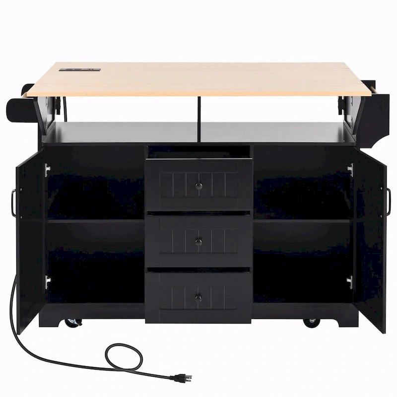 55.7 Kitchen Island with Drop Leaves, Rolling Cart with Power Outlet, Spice Rack, and 3 Drawers