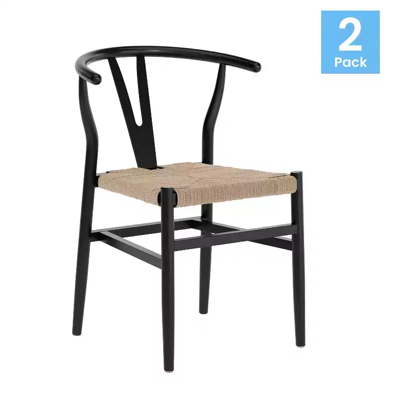 Set of 2 Stackable Y-Back Dining Chairs with Solid Wood Frame & Woven Kraft Paper Rope Seats