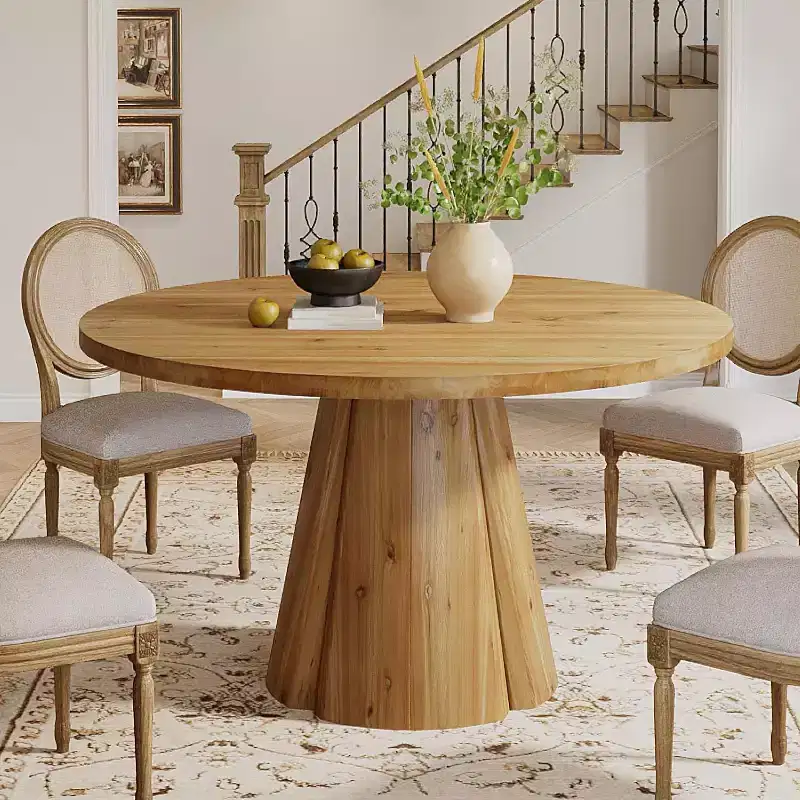 Lantine 47.24-Inch Solid Wood Dining Table, Farmhouse Round Kitchen Table with Pedestal Base for 4-6 People, Easy Assembly for Dining Room