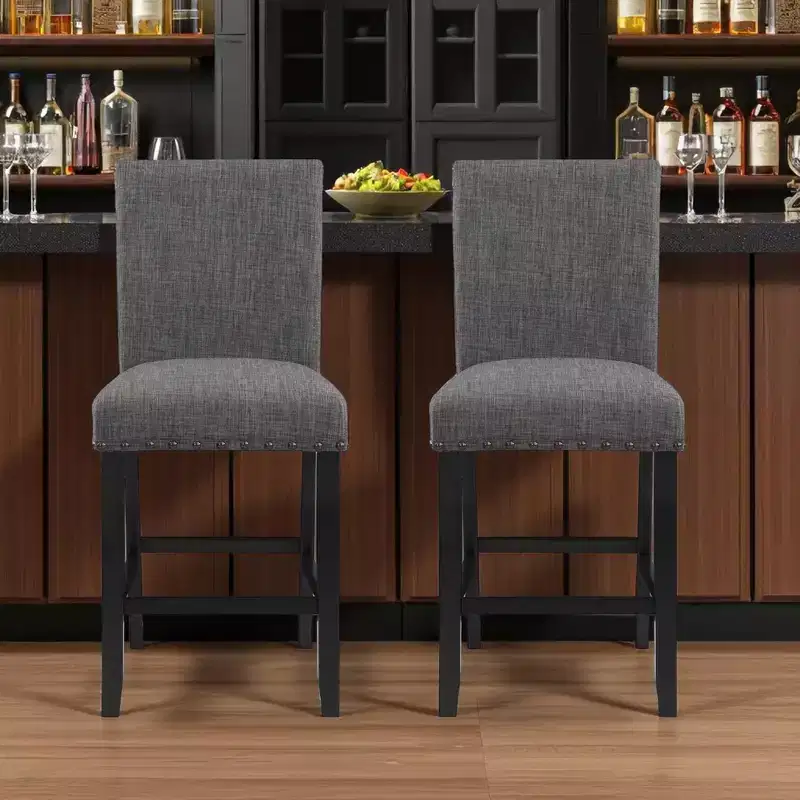 HomeRoots Set of Two 26 Gray and Black Wood and Fabric Counter Height Bar Chairs