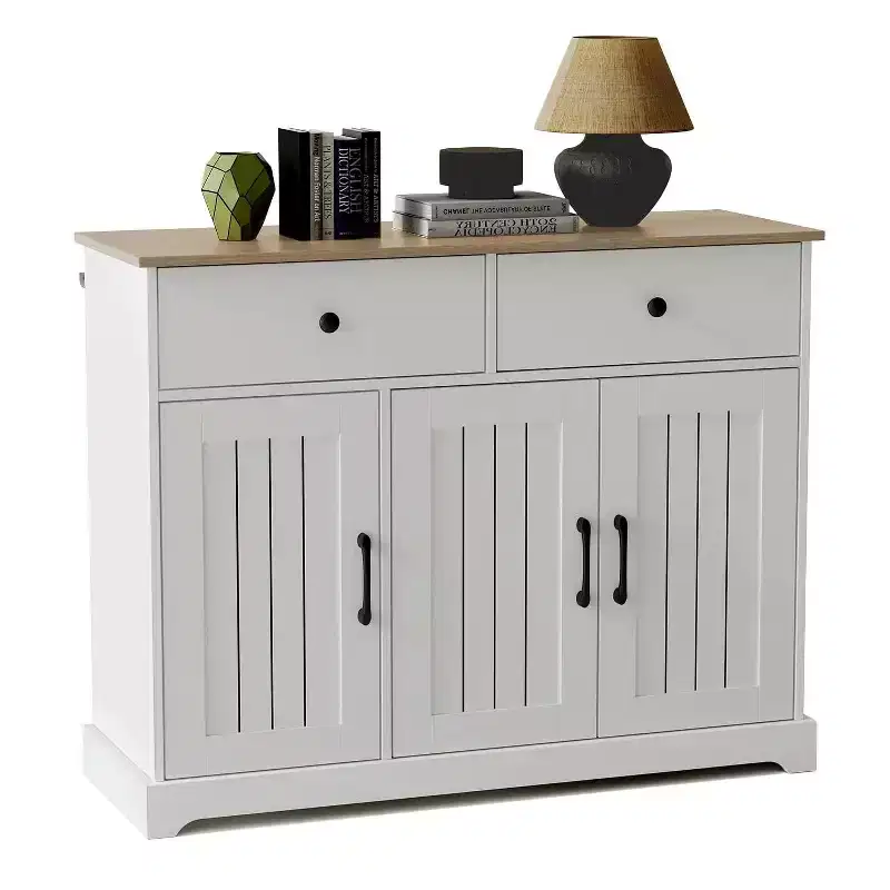 Practical storage cabinet, side panel buffet cabinet with storage room, adjustable shelf and 2 drawers,white